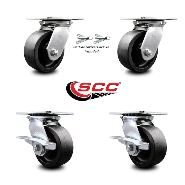 5 Inch Glass Filled Nylon Swivel Caster Swivel Locks 2 Brakes SCC, 2PK